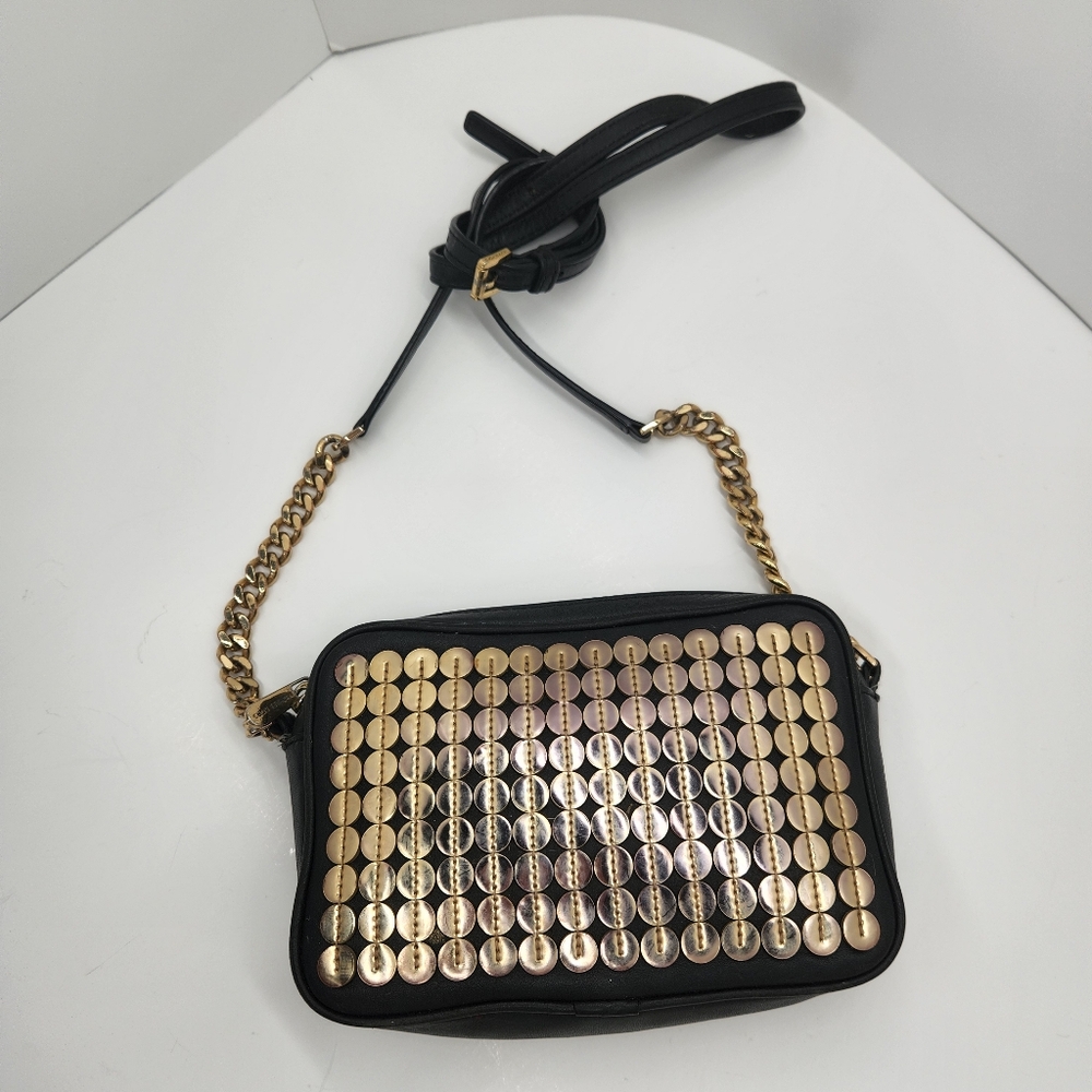 Michael Kors Crossbody Bag Black Leather Golden Sequins Camera Pouch Logo Party